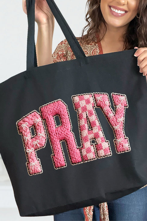 Pink Faux Yarn Coquette Pray Canvas Jumbo Tote