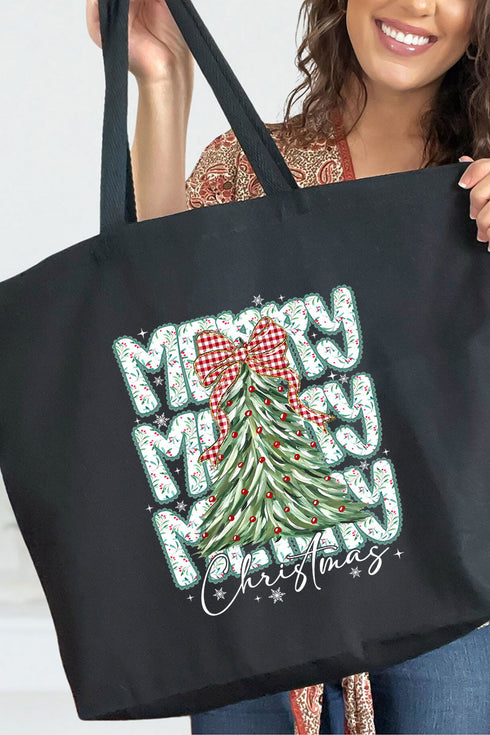 Stacked Holly Merry Christmas Tree Canvas Jumbo Tote