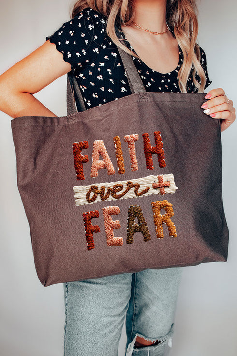 Faux Yarn Faith Over Fear Canvas Jumbo Tote