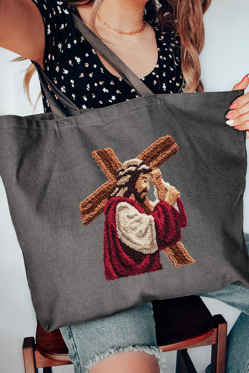 Faux Yarn Jesus At The Cross Canvas Jumbo Tote
