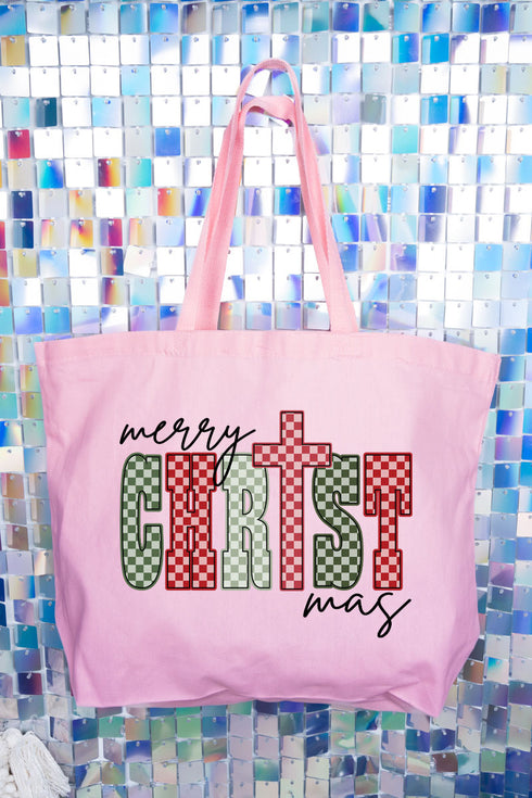Checkered Merry CHRISTmas Canvas Jumbo Tote