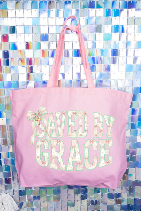Coquette Cross Saved By Grace Canvas Jumbo Tote