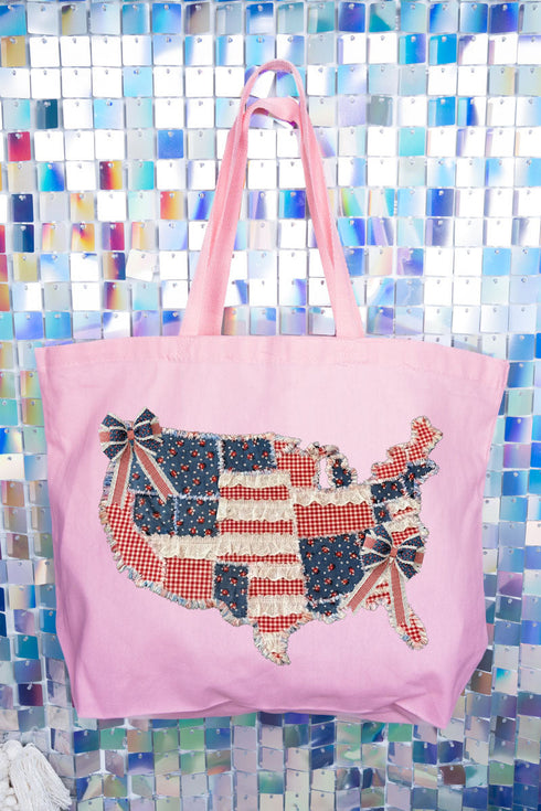 Faux Patchwork USA Map Canvas Jumbo Tote