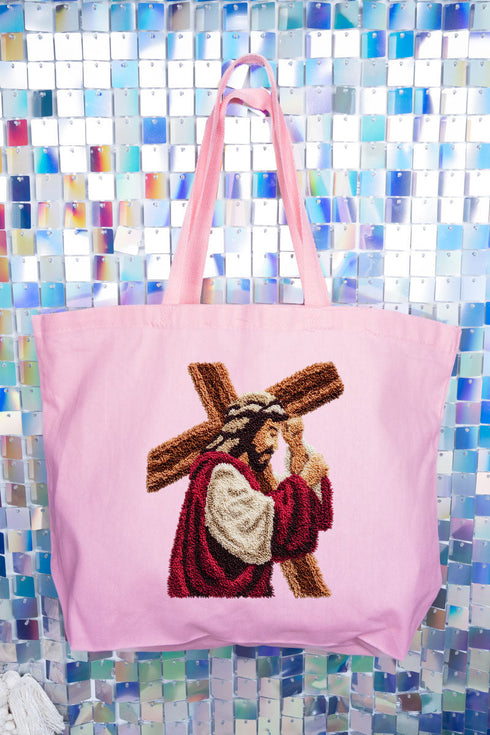 Faux Yarn Jesus At The Cross Canvas Jumbo Tote
