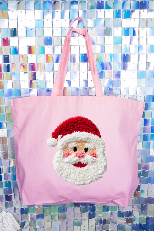 Faux Yarn Stitched With Cheer Santa Canvas Jumbo Tote