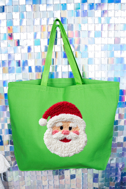 Faux Yarn Stitched With Cheer Santa Canvas Jumbo Tote