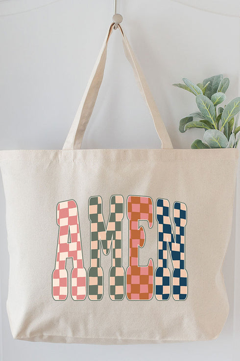 Checkered Amen Canvas Jumbo Tote