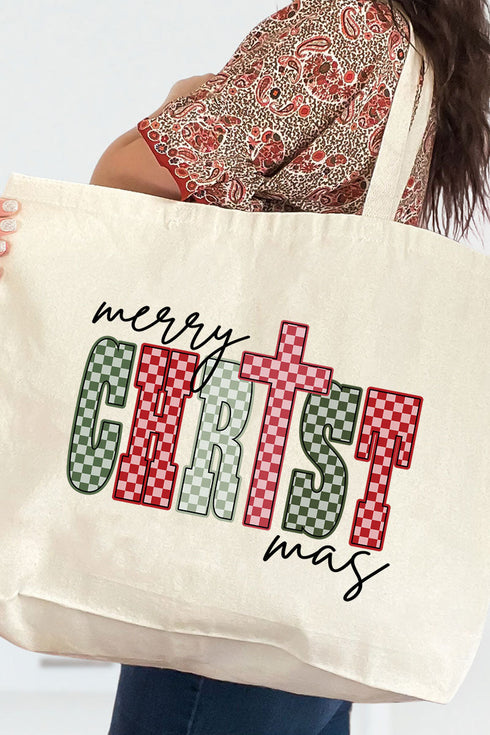 Checkered Merry CHRISTmas Canvas Jumbo Tote