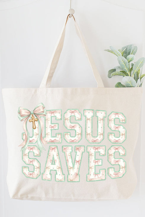 Jesus Saves Coquette Cross Canvas Jumbo Tote