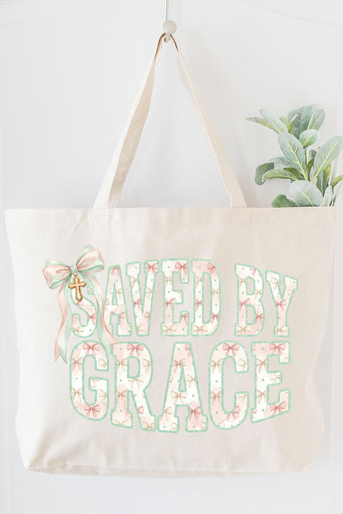 Coquette Cross Saved By Grace Canvas Jumbo Tote