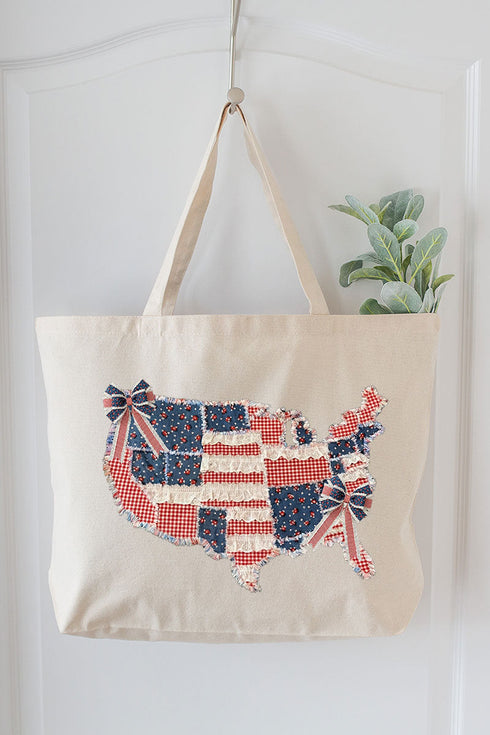 Faux Patchwork USA Map Canvas Jumbo Tote