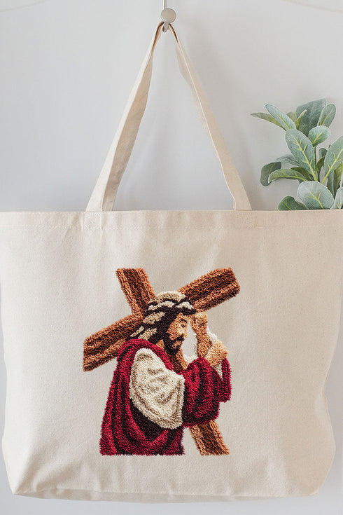 Faux Yarn Jesus At The Cross Canvas Jumbo Tote