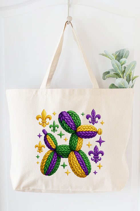 Faux Yarn Mardi Gras Balloon Dog Canvas Jumbo Tote