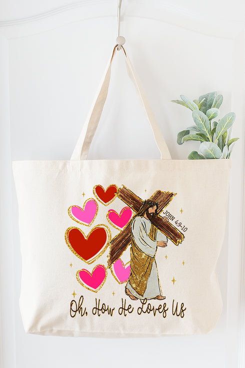 He Loves Us Hearts Canvas Jumbo Tote