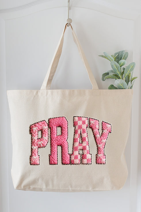 Pink Faux Yarn Coquette Pray Canvas Jumbo Tote