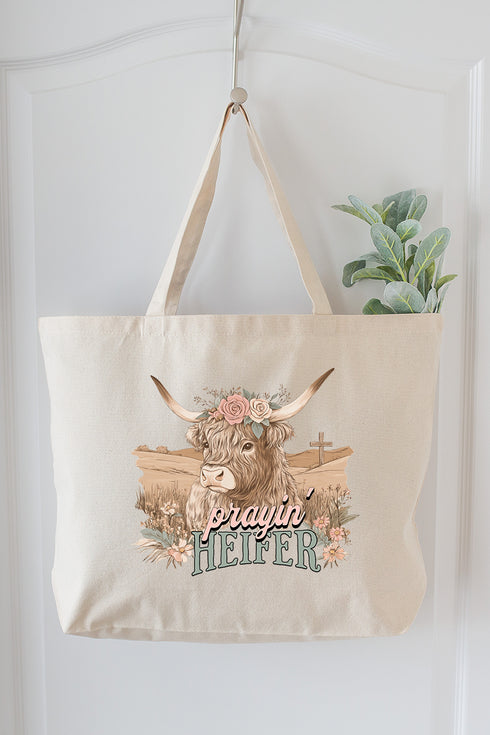 Prayin' Heifer Canvas Jumbo Tote