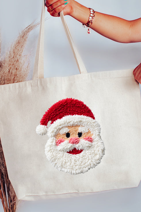 Faux Yarn Stitched With Cheer Santa Canvas Jumbo Tote