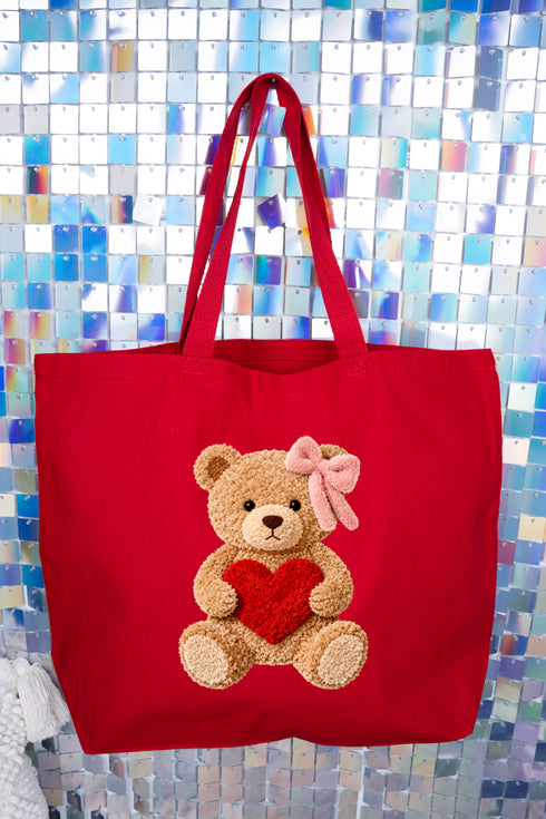 Cozy Heart Cub Faux Yarn Canvas Jumbo Tote