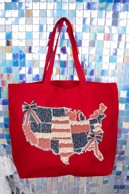 Faux Patchwork USA Map Canvas Jumbo Tote
