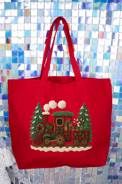 Faux Yarn Mistletoe Express Canvas Jumbo Tote