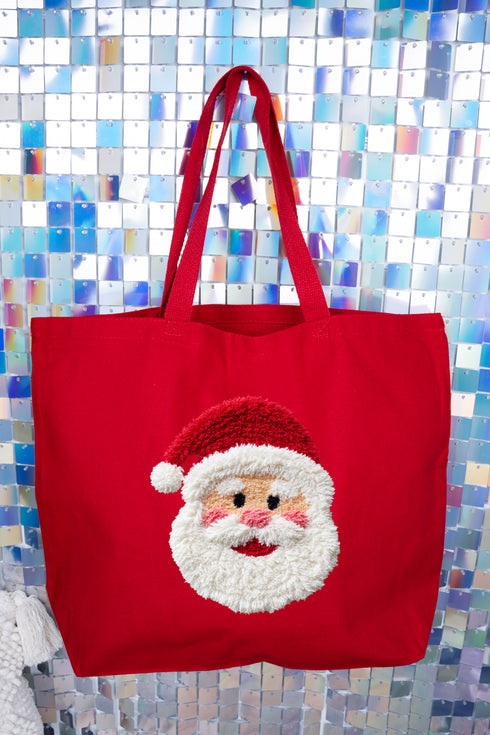 Faux Yarn Stitched With Cheer Santa Canvas Jumbo Tote