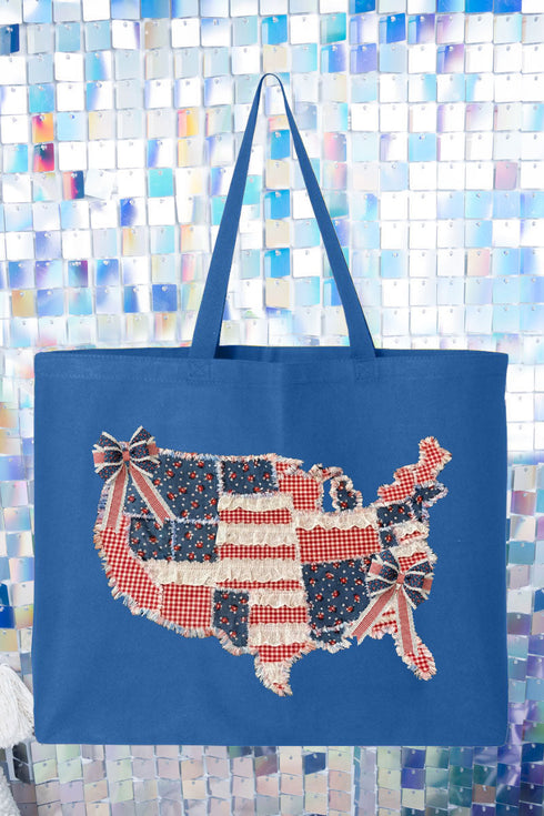 Faux Patchwork USA Map Canvas Jumbo Tote