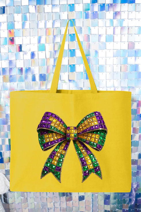 Faux Rhinestone Mardi Gras Bow Canvas Jumbo Tote