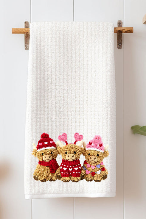 Faux Yarn Highland Hearts Waffle Kitchen Towel