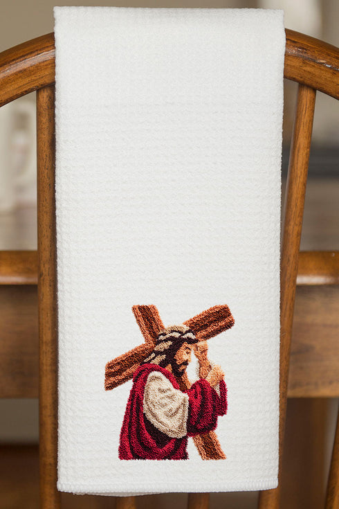 Faux Yarn Jesus At The Cross Waffle Kitchen Towel