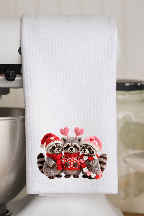 Faux Yarn Raccoon Romance Waffle Kitchen Towel