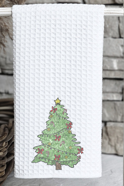 Faux Sequin Christmas Tree Transfer Waffle Kitchen Towel