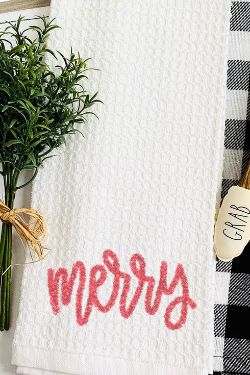 Merry Script Faux Tinsel Transfer Waffle Kitchen Towel