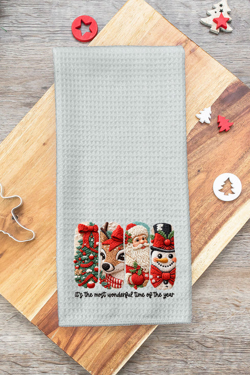 Faux Yarn Most Wonderful Time Gray Waffle Kitchen Towel