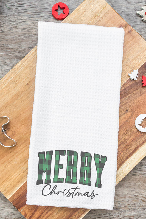 Green Buffalo Plaid Merry Christmas Waffle Kitchen Towel
