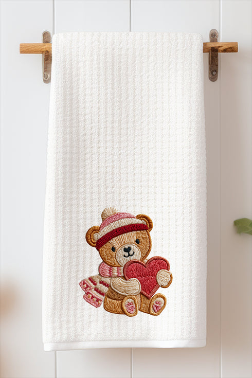 Teddy's Threaded Heart Waffle Kitchen Towel