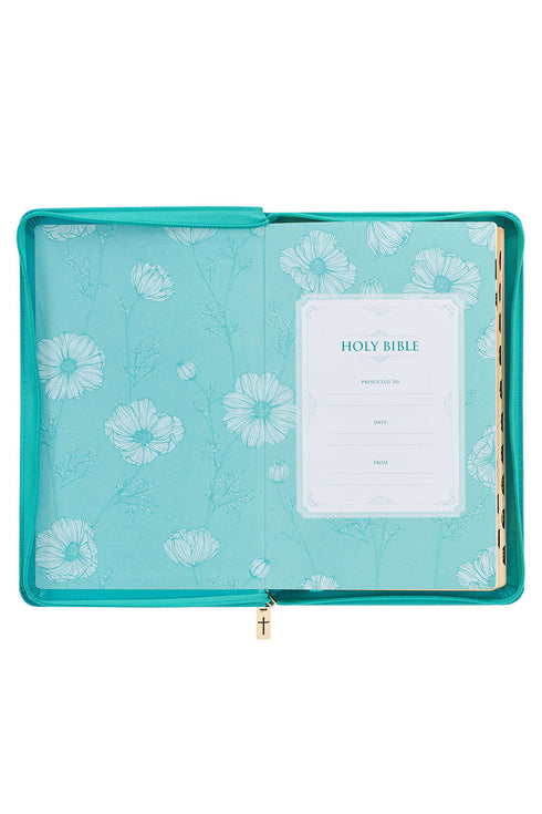 Teal Floral Faux Leather Zippered KJV Deluxe Gift Bible with Thumb Index