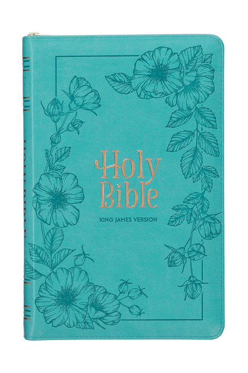 Teal Floral Faux Leather Zippered KJV Deluxe Gift Bible with Thumb Index