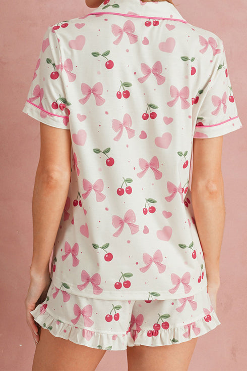 Sweet Cherry Dreams Beige Top and Shorts Pajama Set