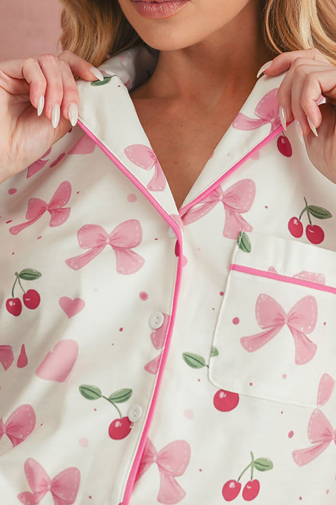 Sweet Cherry Dreams Beige Top and Shorts Pajama Set