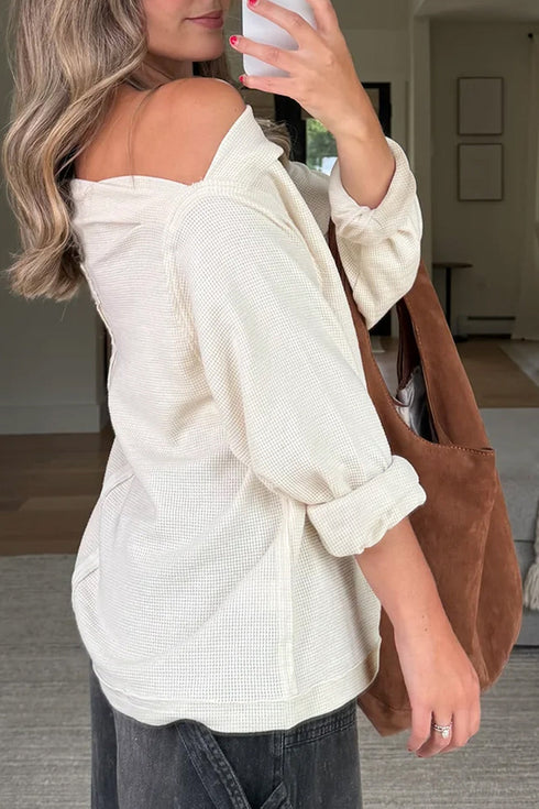 Quiet Allure Beige Off-Shoulder Waffle Knit Top