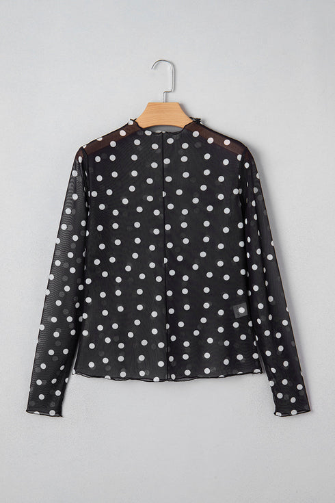 Playful Polka Black Mock Neck Slim Mesh Top