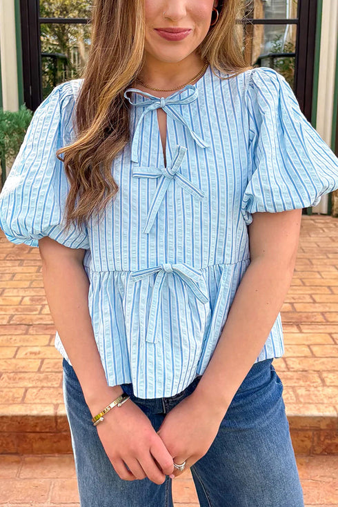 Sweetheart Ties Sky Blue Stripe Babydoll Blouse