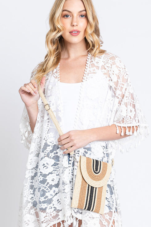 Isla Stripe Taupe Straw Cell Phone Crossbody