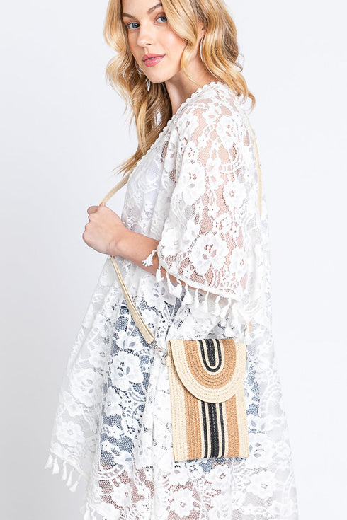 Isla Stripe Taupe Straw Cell Phone Crossbody