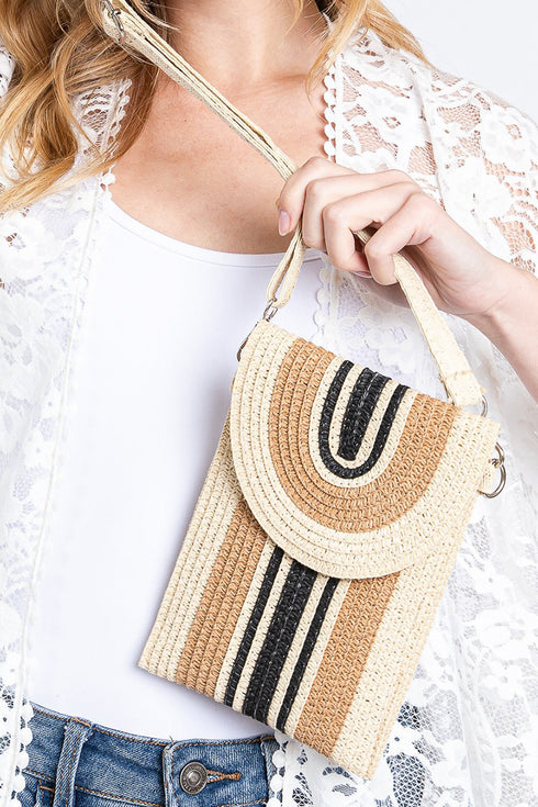 Isla Stripe Taupe Straw Cell Phone Crossbody