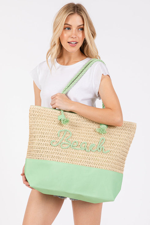 Beach Rope Text Green Tote Bag