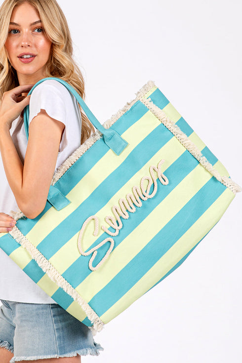 Summer Rope Text Blue and Lime Striped Tote Bag