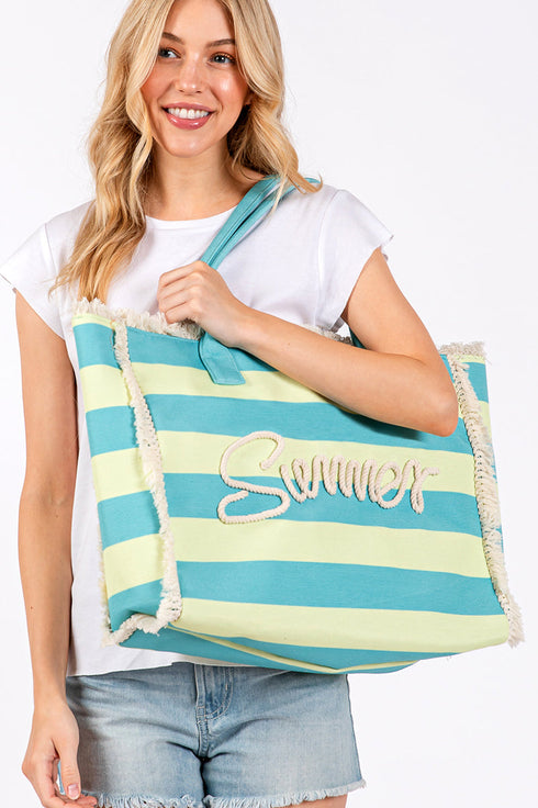 Summer Rope Text Blue and Lime Striped Tote Bag