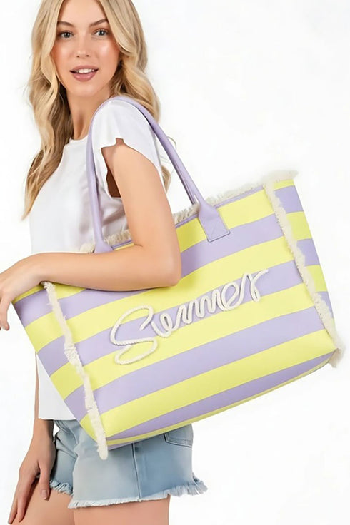 Summer Rope Text Lavender and Yellow Striped Tote Bag