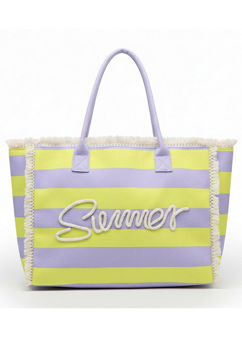 Summer Rope Text Lavender and Yellow Striped Tote Bag